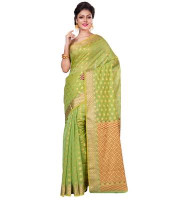 Green Hand Woven Blended Cotton Saree With Blouse 1