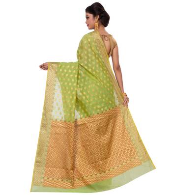 Green Hand Woven Blended Cotton Saree With Blouse 2