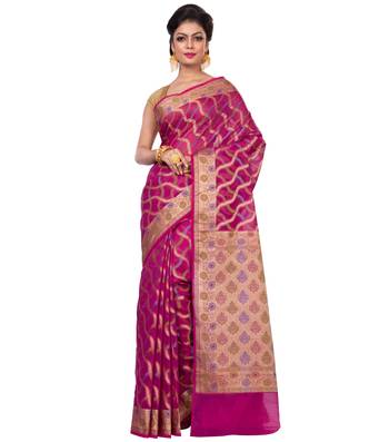 Magenta Hand Woven Blended Cotton Saree With Blouse 1