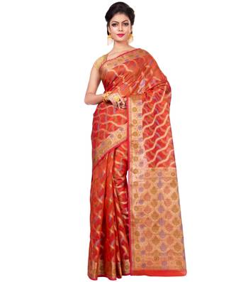 Orange Hand Woven Blended Cotton Saree With Blouse 1