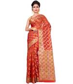 Orange Hand Woven Blended Cotton Saree With Blouse