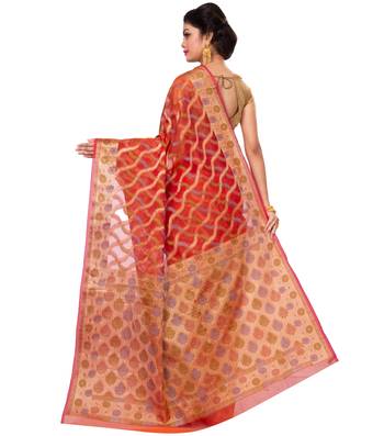 Orange Hand Woven Blended Cotton Saree With Blouse 2