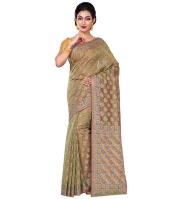 Green Hand Woven Blended Cotton Saree With Blouse 1