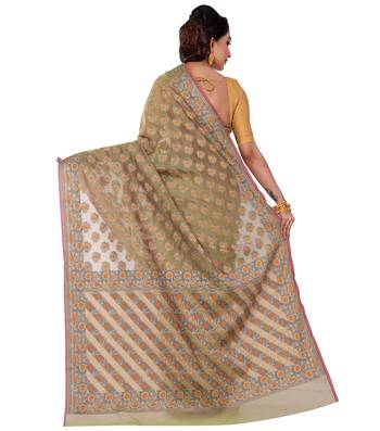 Green Hand Woven Blended Cotton Saree With Blouse 2