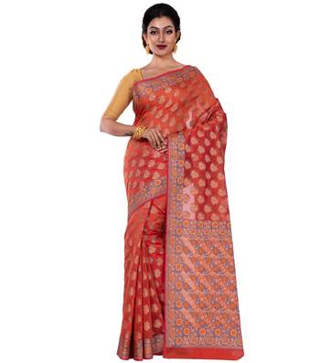 Orange Hand Woven Blended Cotton Saree With Blouse 1