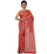 Orange Hand Woven Blended Cotton Saree With Blouse
