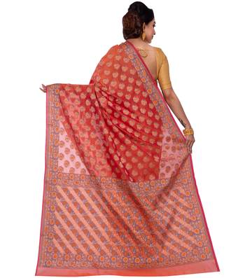 Orange Hand Woven Blended Cotton Saree With Blouse 2