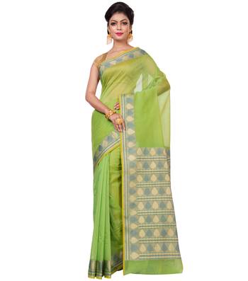 Green Woven Blended Cotton Saree With Blouse 1