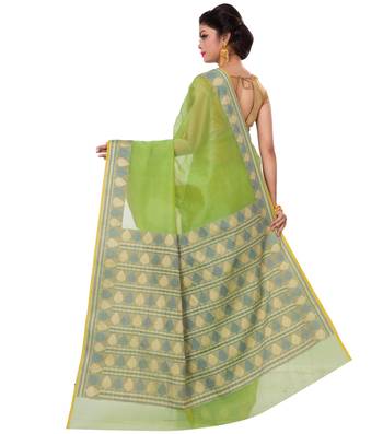 Green Woven Blended Cotton Saree With Blouse 2
