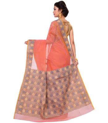 Pink Woven Blended Cotton Saree With Blouse 2