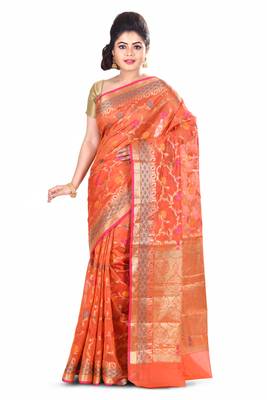 Orange Hand Woven Blended Cotton Saree With Blouse 1
