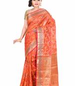 Orange Hand Woven Blended Cotton Saree With Blouse