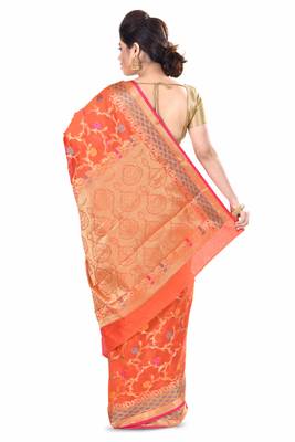 Orange Hand Woven Blended Cotton Saree With Blouse 2