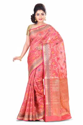 Peach Hand Woven Blended Cotton Saree With Blouse 1