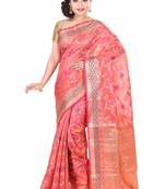 Peach Hand Woven Blended Cotton Saree With Blouse