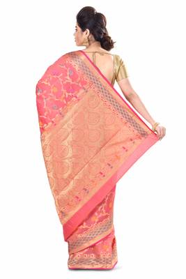 Peach Hand Woven Blended Cotton Saree With Blouse 2