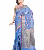 Blue Hand Woven Blended Cotton Saree With Blouse