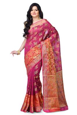 Pink Hand Woven Blended Cotton Saree With Blouse 1