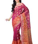 Pink Hand Woven Blended Cotton Saree With Blouse