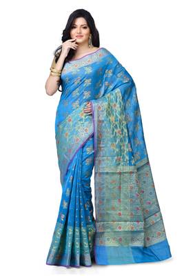 Blue Hand Woven Blended Cotton Saree With Blouse 1