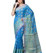 Blue Hand Woven Blended Cotton Saree With Blouse