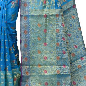 Blue Hand Woven Blended Cotton Saree With Blouse 2