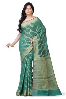 Green Hand Woven Linen Saree With Blouse 1