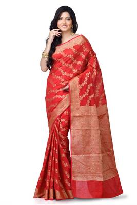Red Hand Woven Linen Saree With Blouse 1