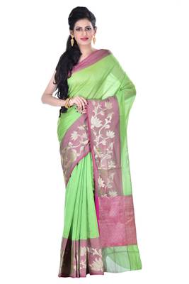 Green Woven Blended Cotton Saree With Blouse 1