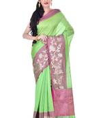 Green Woven Blended Cotton Saree With Blouse