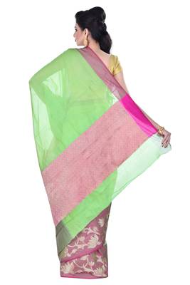 Green Woven Blended Cotton Saree With Blouse 2