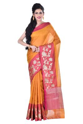Mustard Woven Blended Cotton Saree With Blouse 1