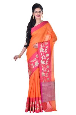 Orange Woven Blended Cotton Saree With Blouse 1