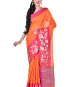 Orange Woven Blended Cotton Saree With Blouse