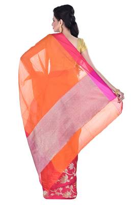 Orange Woven Blended Cotton Saree With Blouse 2