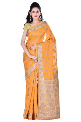 Mustard Hand Woven Blended Cotton Saree With Blouse 1