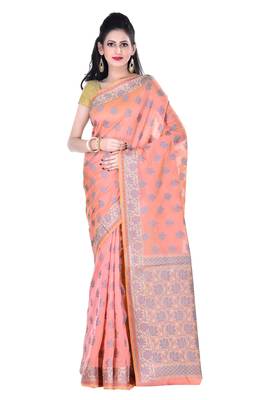Peach Hand Woven Blended Cotton Saree With Blouse 1