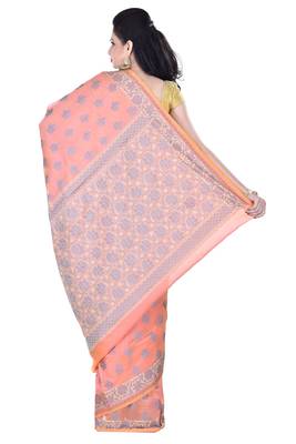 Peach Hand Woven Blended Cotton Saree With Blouse 2