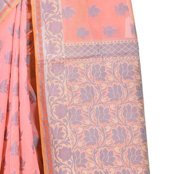 Peach Hand Woven Blended Cotton Saree With Blouse 3