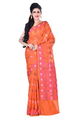 Orange Hand Woven Blended Cotton Saree With Blouse 1
