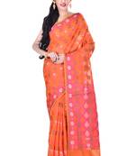 Orange Hand Woven Blended Cotton Saree With Blouse