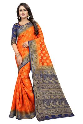 Orange woven cotton silk saree with blouse 1