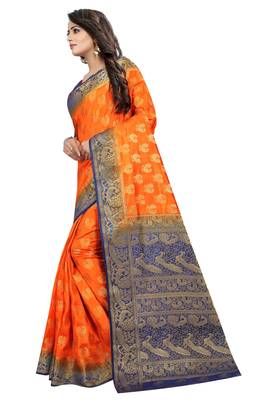 Orange woven cotton silk saree with blouse 3