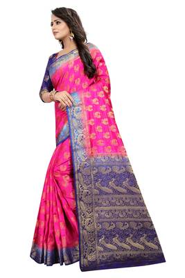 Pink woven cotton silk saree with blouse 3