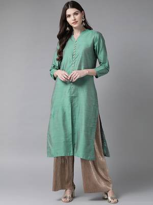 Teal plain art silk ethnic-kurtis 1