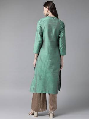 Teal plain art silk ethnic-kurtis 2