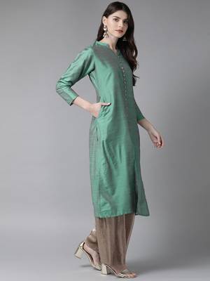 Teal plain art silk ethnic-kurtis 3