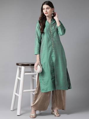 Teal plain art silk ethnic-kurtis 4
