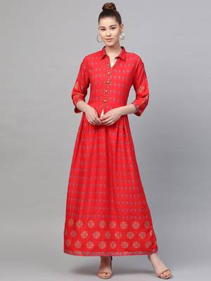 Red printed liva long-kurtis 1