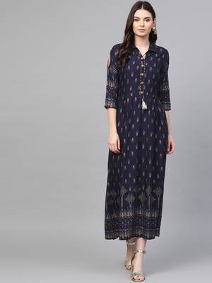 Navy-blue printed liva long-kurtis 1